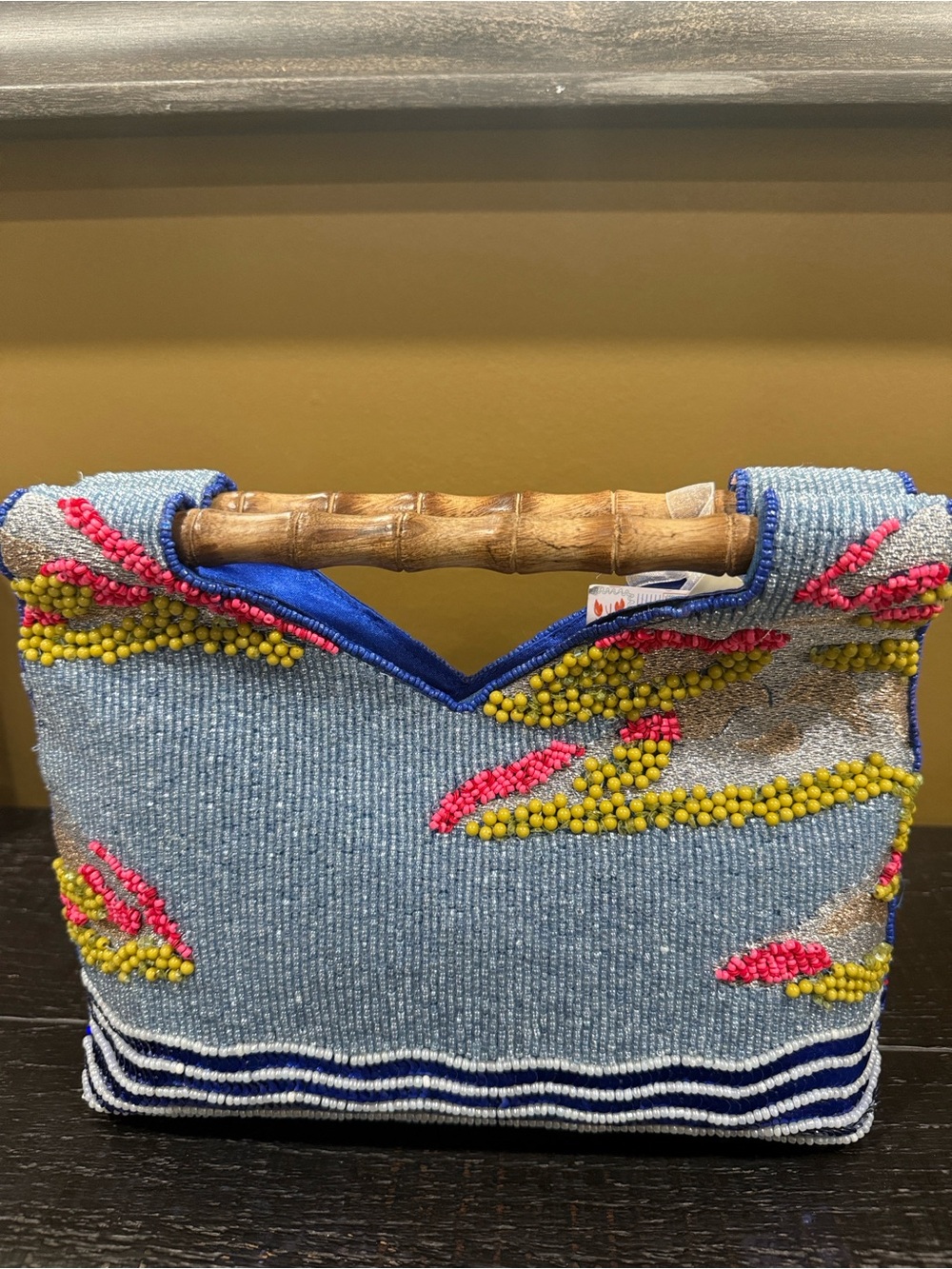Capri Beaded Tote with Bamboo Handles - Blue - Picture 2 of 8